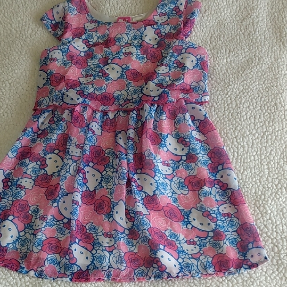 Hello Kitty Floral Pink and Blue Chiffon Dress White Liner Pull Over‎ Size 6/6X